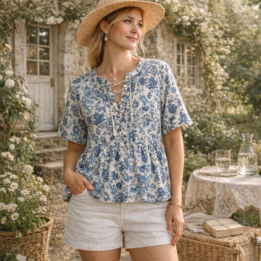 Faherty Linen Peplum Top XS‎ Blue Paisley Boho Coastal Oversized Tie Neck Blouse